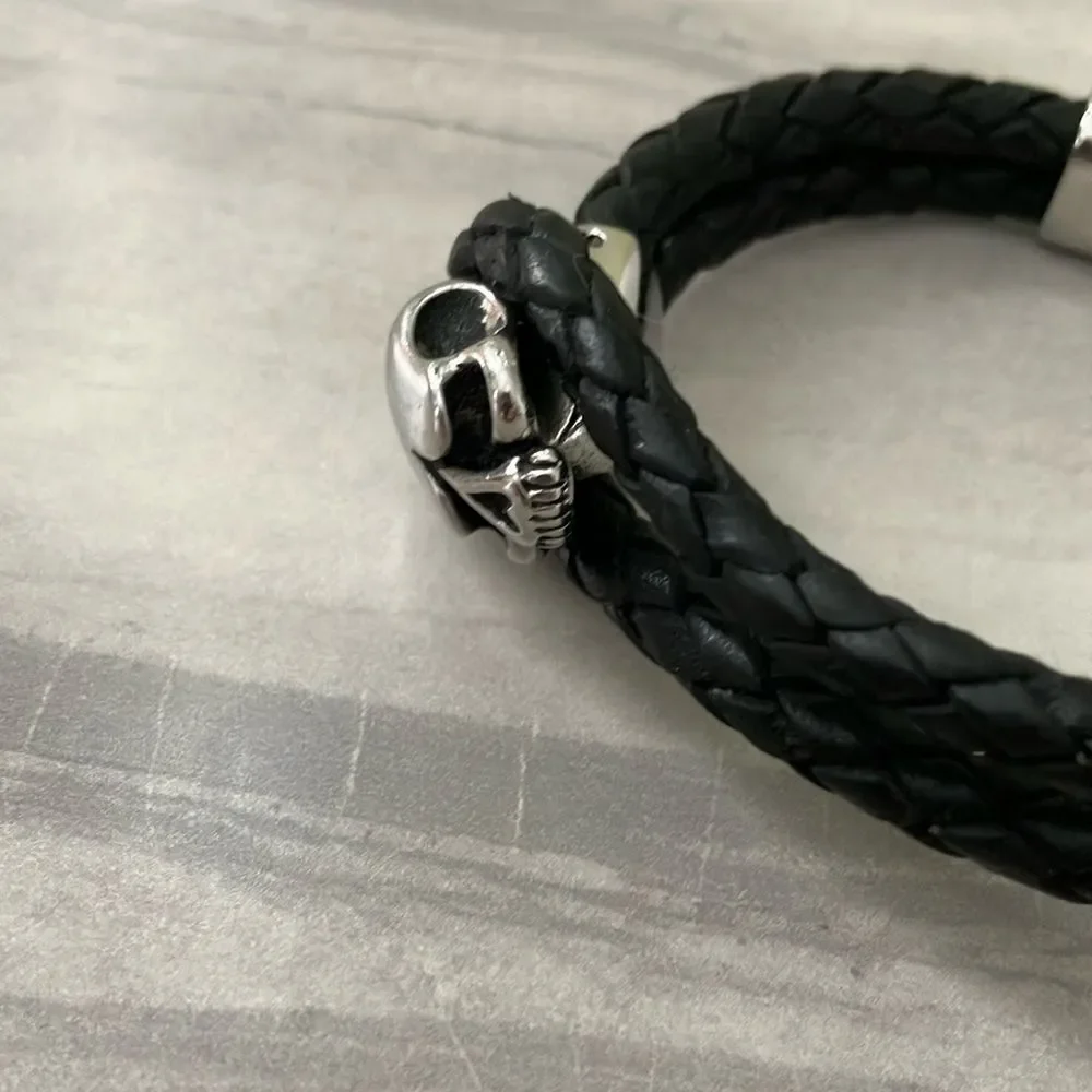 Edgy Black Braided Bracelet with Silver Skull
